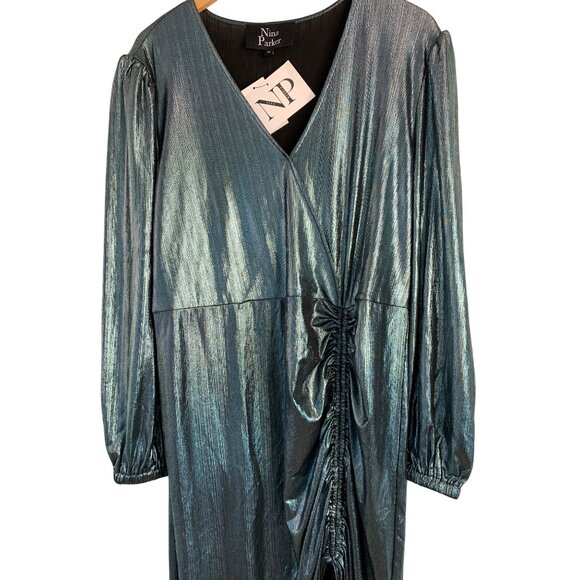 Nina Parker Metallic Ice Blue Long-Sleeve Ruched Midi Dress 2X 8954 Plus - Picture 8 of 8